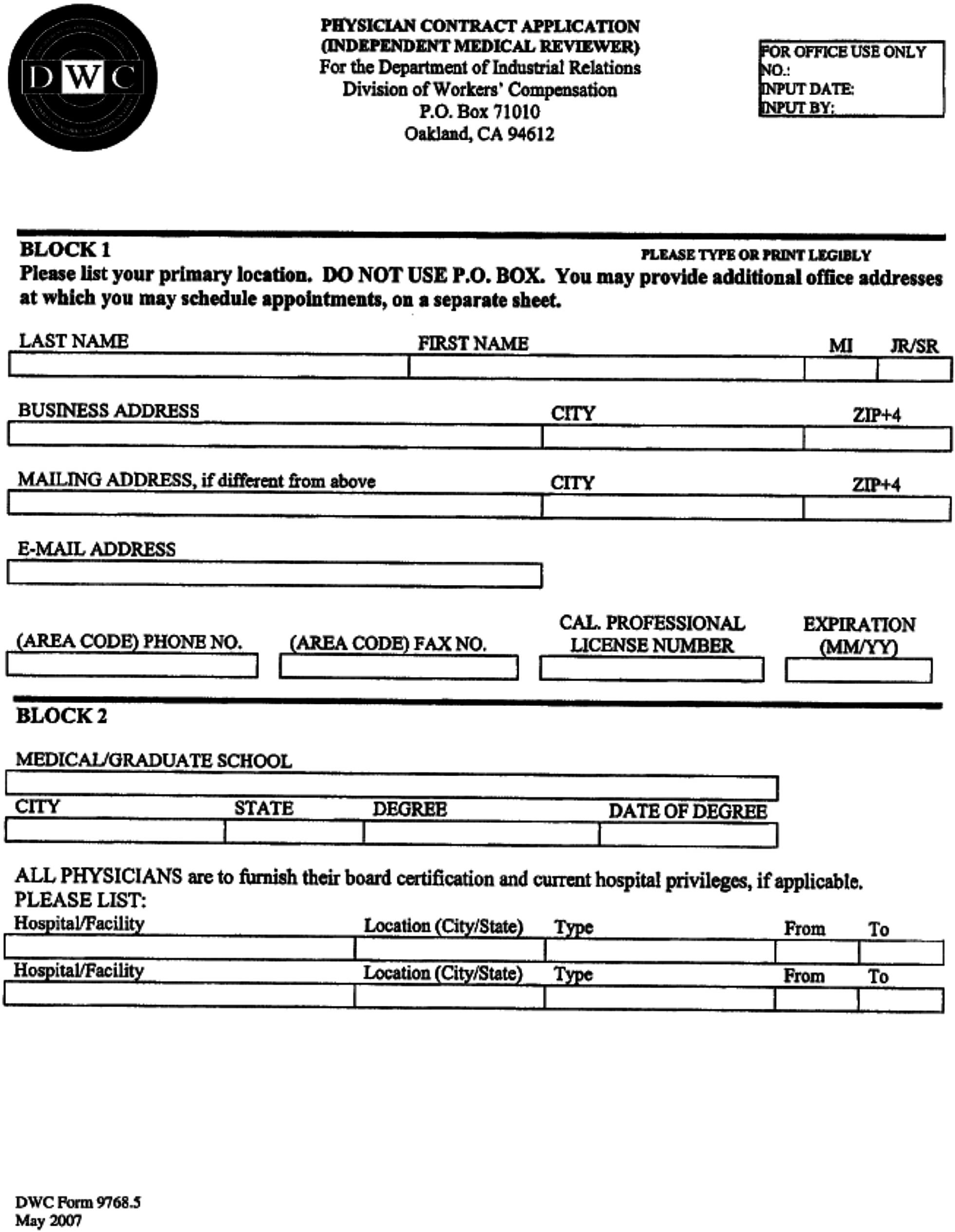 Image 1 within § 9768.5. Physician Contract Application Form.